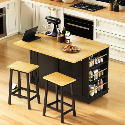 48 in Kitchen Island with Power Outlet, Drop Leaf, 2 Stools, Storage Cabinet and Drawers on Wheels for Kitchen or Dining Room-The Pop Home