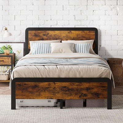 Full Bed Frame with Nightstand, Wooden Headboard, , Heavy Duty Metal Platform Bed Frames with Large Under Bed Storage, Mattress Foundation