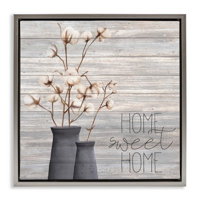 Stupell Industries Grey Home Sweet Cotton Flowers Black Framed Floater Canvas Wall Art