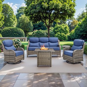 Gymojoy 5 Pieces Outdoor Patio Wicker Sofa Swivel Chair with 6 Inch Cushions and Fire Pit Table - 1 of 4