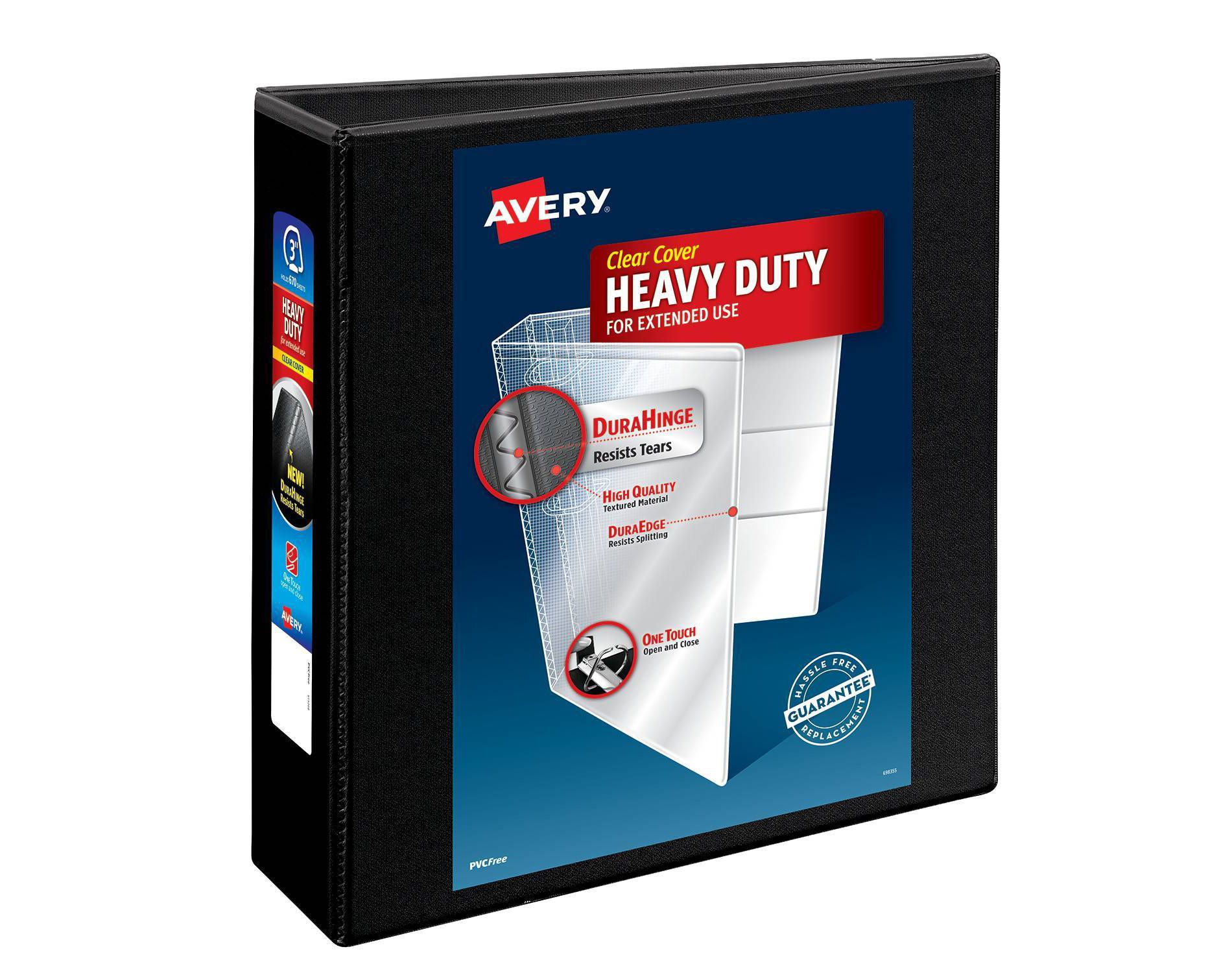 Avery 670 Sheet 3" Heavy Duty Non Stick View Ring Binder Black: 3 Inch D-Ring, Polypropylene, 4 Pockets, Clear Hard Cover
