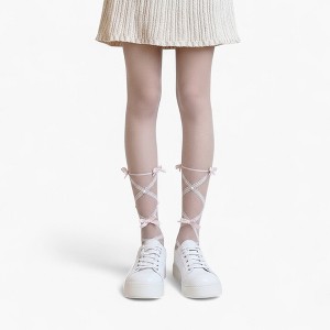 Anna-Kaci Women's Sheer Tights with Crisscross Lace Ribbon and Bow Detail at Ankles - Pink - 1 of 4