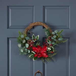 DOMETOUR 23.5 Inch Artificial Christmas Wreath, Poinsettia/Berry/Eucalyptus Wreath for Front Door Christmas Decor Indoor Outdoor - 1 of 4