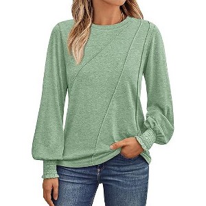 Women's Long - Sleeve Blouse with Pleated Round Neck, Stylish and Comfortable Top for Casual and Office Wear - 1 of 4