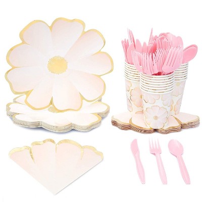 Sparkle and Bash 72 Piece Serves 24 Pink Flower with Gold Foil Dinnerware Birthday Party Supplies - Paper Plate, Cup, Napkin & Cutlery