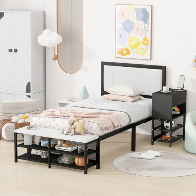 ALEXOUN Metal Platform Bed with Two-Tier Storage Shelves and Wooden Storage Cabinet,Easy Assembly,for Bedrooms, Apartments
