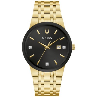 Bulova Men's Modern Gold Tone Stainless Steel 3-Hand Calendar Date Quartz Watch, Gold Tone Accents and Diamond Dial