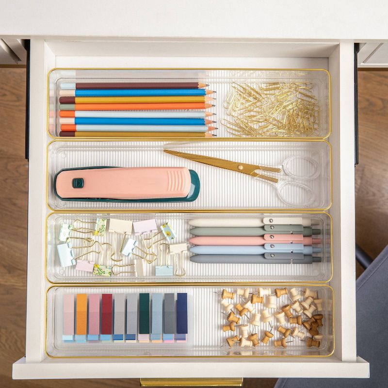 Martha Stewart 9&#34; x 3&#34; 8pc Plastic Stackable Office Desk Drawer Organizers with Gold Trim Clear, 3 of 11