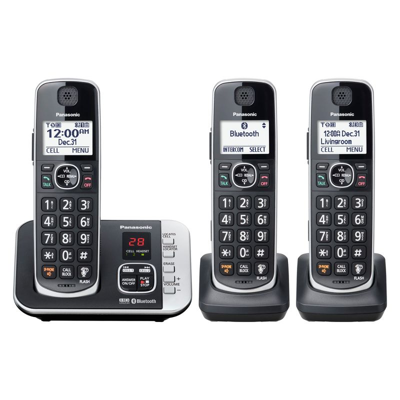 Panasonic Cordless Phone with Link to Cell and Digital Answering Machine, 3 Handsets - Black (KX-TGE663B), 1 of 4