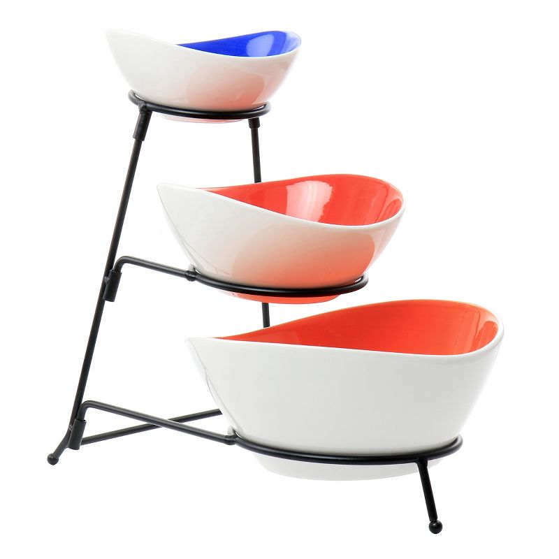 Gibson Home Crenshaw 4 Piece Hand Painted Stoneware 3-Tier Serving Bowl Set with Metal Rack, 1 of 9