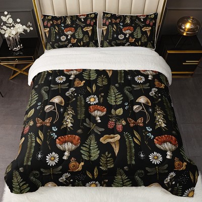Autumn/Winter Forest-Inspired Mushroom & Plant Fleece Quilt 3-Piece Set,Thickened Warmth Natural Style Bedding Set (1Quilt+ 2Pillowcases)