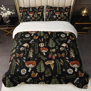 Autumn/Winter Forest-Inspired Mushroom & Plant Fleece Quilt 3-Piece Set,Thickened Warmth Natural Style Bedding Set (1Quilt+ 2Pillowcases) - 1 of 4