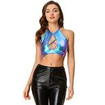 Allegra K Women's Shiny Metallic Crop Cami Hollow Out Backless Disco Holographic Halter Camisoles