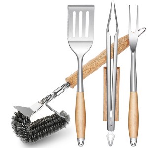 Itopfox 4-Piece Heavy Duty BBQ Tool Set with Stainless Steel Spatula, Tongs, Fork & Cleaning Brush, Wood Handles for Outdoor Grilling, Perfect Gift - 1 of 4