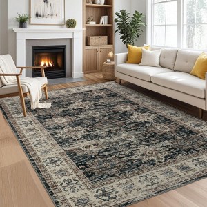 Boho Distressed Rug Vintage Medallion Print Carpet Machine Washable Low Pile Thin Floor Area Rug - 1 of 4