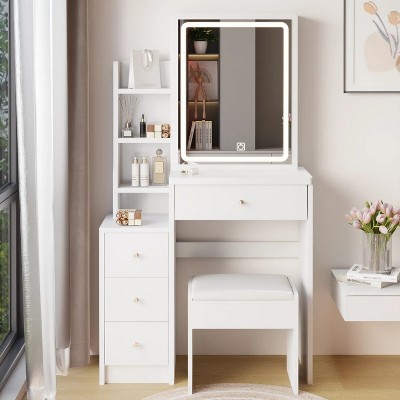 Small Size Left Bedside Cabinet Vanity Table + Cushioned Stool, Extra Large Touch Control Sliding LED Mirror, Tri-color Switching