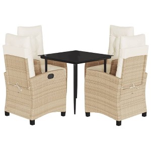 vidaXL 5 Piece Patio Dining Set with Cushions - Beige PE Rattan Chairs Adjustable Backrest, Tempered Glass Tabletop, Garden/Backyard Furniture - 1 of 4