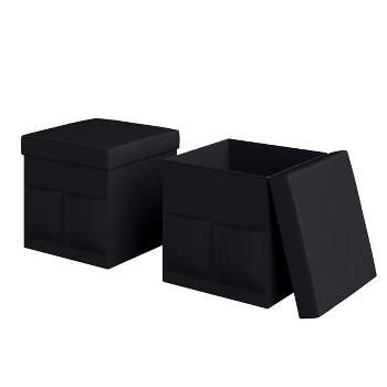 Hasting Home Set of 2 Folding Ottomans with Storage Pockets