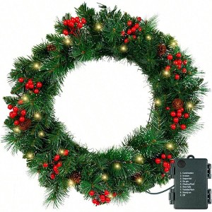 Festive Holiday Wreath for Front Door Home Office Artificial Pine with Red Berries and Ribbon Party Outdoor Decor - 1 of 4