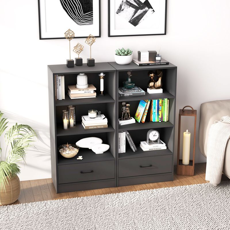 Tangkula 4-Tier Bookcase w/Storage Drawer Modern Storage Shelf w/3-Tier Open Shelf Freestanding Display Shelf Grey/Natural/White, 2 of 9