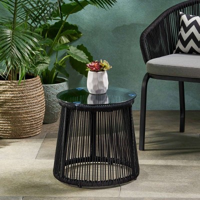 Outdoor Side Table with Tempered Glass Top,Rope Woven Accent Table for Patio or Balcony,Round Patio Side Table with Metal Frame-Coolbibila
