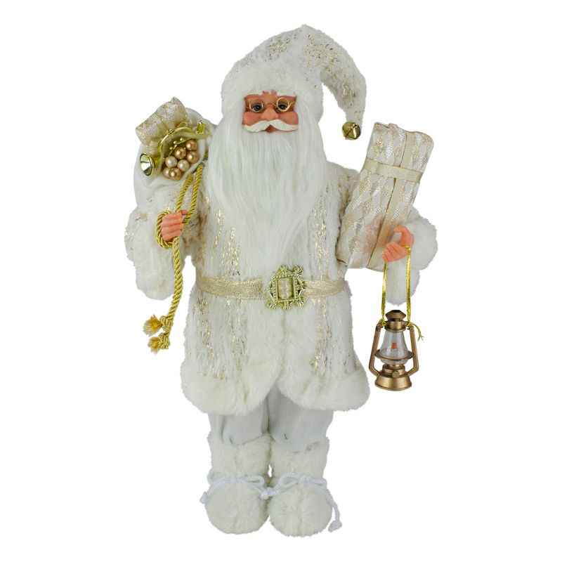 Northlight 12" Standing Santa Christmas Figure Dressed in Plush Winter White and Gold, 1 of 6