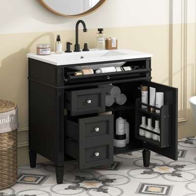 ALEXOUN 30" Solid Wood Frame Bathroom Vanity Cabinet with Sink,Single Sink Bathroom Storage Cabinet with 1 Door,2 Drawers & Tip-Out Drawer
