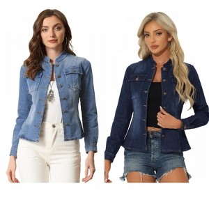 INSPIRE CHIC Women's Button Front Stand Collar Long Sleeve Jean Jackets with Pockets 2 Packs - 1 of 4