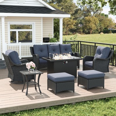 LayinSun Wicker Outdoor Furniture Set with 6-inch Comfy Cushions, High Back Patio Furniture Set with Swivel Rocking Chairs and Side Table