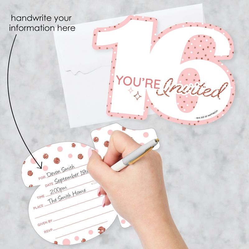 Big Dot of Happiness 16th Pink Rose Gold Birthday - Shaped Fill-In Invitations - Happy Birthday Party Invitation Cards with Envelopes - Set of 12, 2 of 8