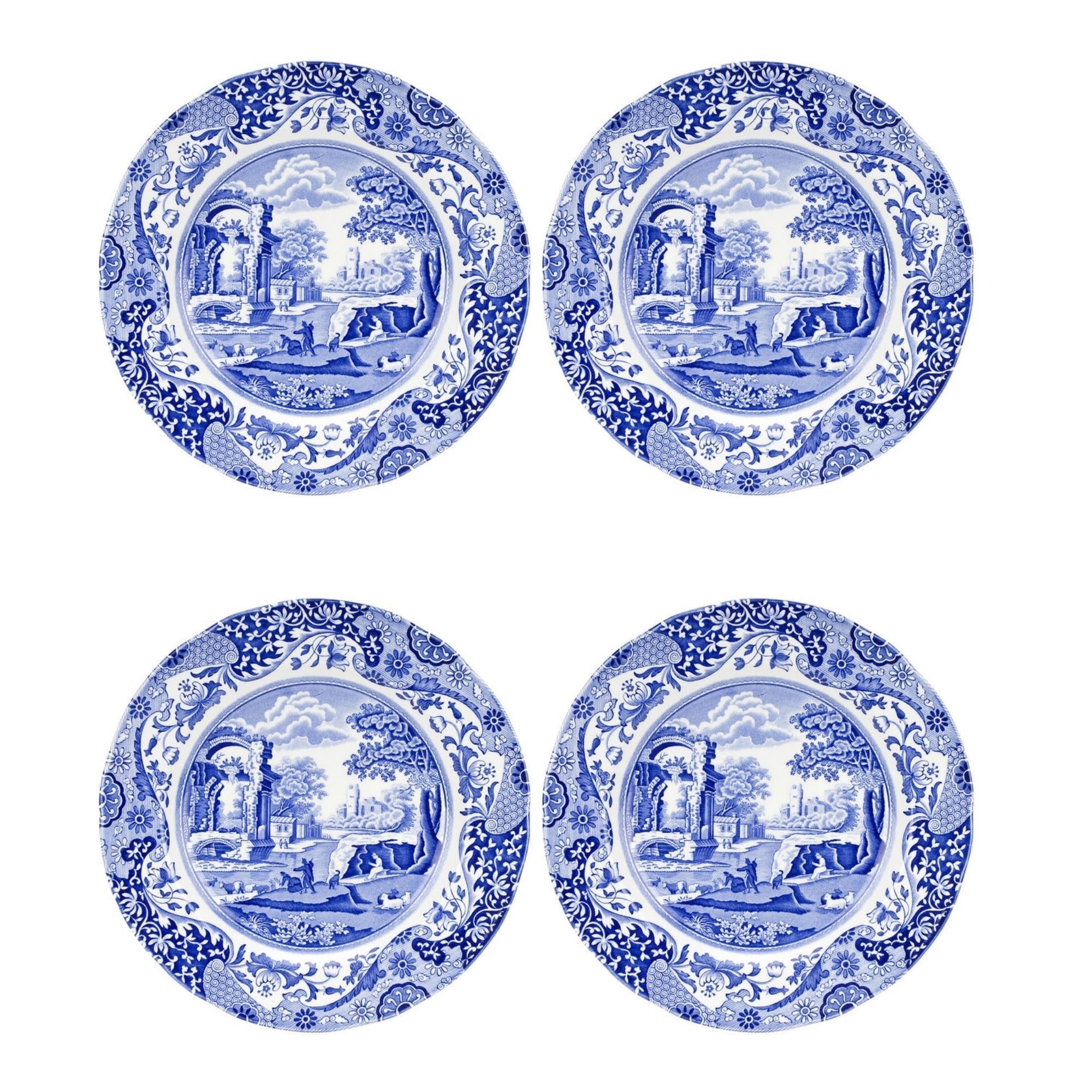 Spode Blue Italian 9-Inch Porcelain Luncheon Plates - Set of 4 Classic Round Dishes with Eastern-Inspired Border - Elegant Blue & White Tableware Gift