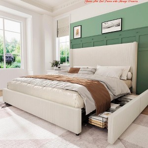 Queen/King Size Bed Frame w/ Storage Drawers, Corduroy Upholstered Platform Bed w/ Wingback and Tufted Headboard - 1 of 4
