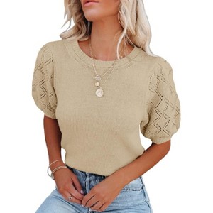 Women's Lightweight Short Sleeve Crewneck Sweaters Knit Pullover Tops with Casual Crochet Sleeve Blouse,Khaki - S - 1 of 3