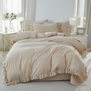 BAGOKIE Fringe Ruffle Linen Feel Textured Organic Natural 100% Cotton Duvet Cover Beige 3 Pieces - 1 of 3