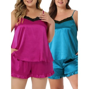 Agnes Orinda Women's Plus Size Satin Lace Trim Ruffle Hem Home Packs Pajamas Sets - 1 of 4