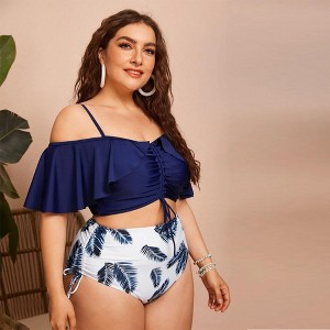 Plus Size Womens Swimsuits Off Shoulder Tie Front Ruffle High Waist Bikini Set - 1 of 3