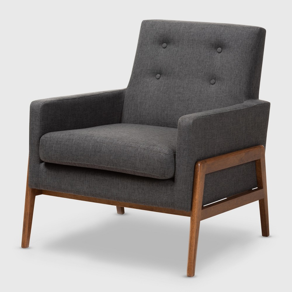 Photos - Chair Perris Fabric Upholstered Walnut Wood Lounge  Dark Gray - BaxtonStudi