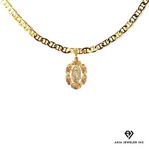 Aria Jeweler Inc Chain with St. Mary Surrounded by Pink Roses on a Gold Pendant - 1 of 4