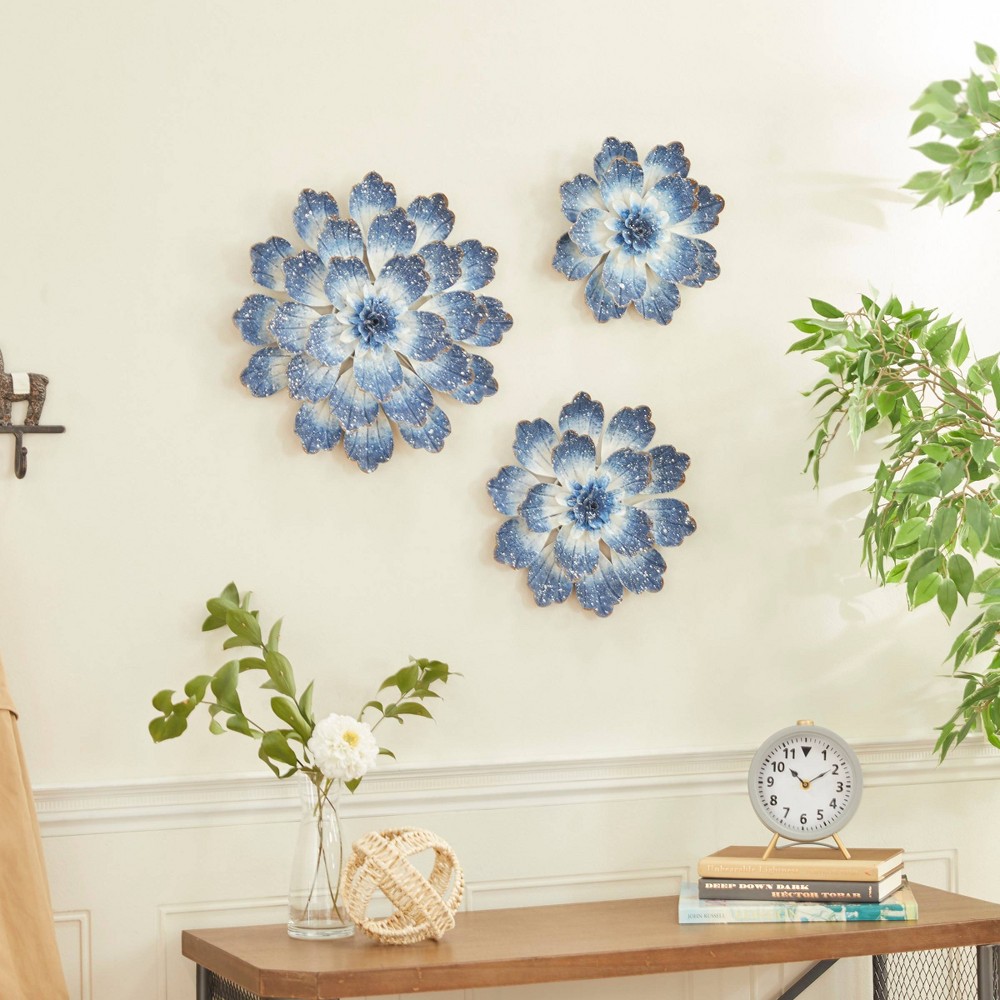 Photos - Wallpaper Set of 3 Metal Floral Wall Decors Blue - Olivia & May
