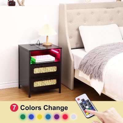 LED Nightstand with Charging Station, Bedside Table with USB Ports & Outlets, Modern End Table with 2 Rattan Decor Drawers