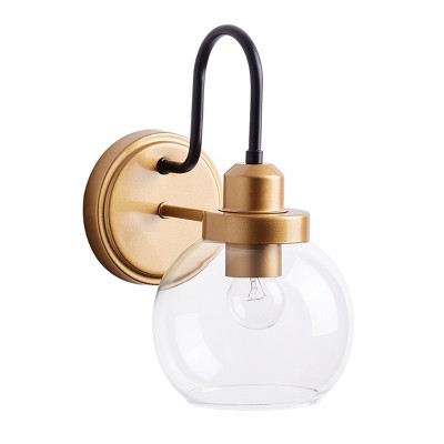 Modern Gold Wall Light with Clear Glass Globe Shade, Black Arm Vanity Light for Bathroom or Hallway