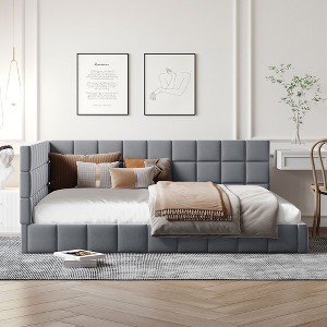 PAGED Full Size Daybed Wooden Bed Frame Velvet Fabric Sofa Bed with Upholstered Backrest for Living Room - 1 of 4