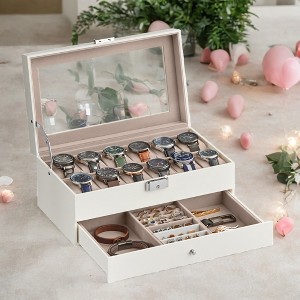 Elegant 12-Slot Watch Box, Lockable Case with Glass Lid, 2 Layers, 1 Drawer for Rings, Bracelets - Gift Idea in Synthetic Leather - 1 of 4