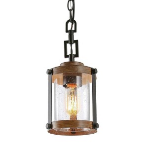 LNC Roth 1-Lights  6" Farmhouse Cylinder Mini Pendant  Lights, Matte Black and Brown  Wood Grain with Clear Glass Shade - 1 of 4