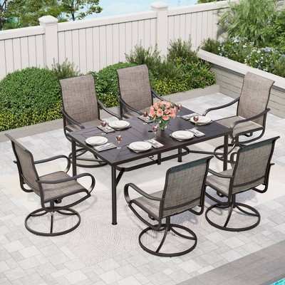 7pc Outdoor Dining Set With Swivel Sling Chairs & Large Metal Rectangle ...