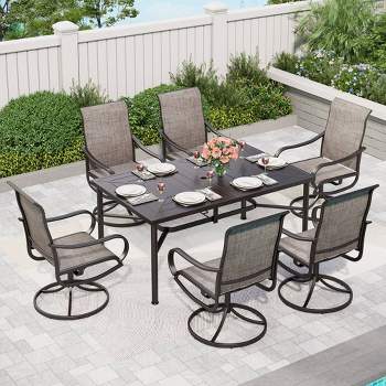 7pc Outdoor Dining Set with Swivel Sling Chairs & Large Metal Rectangle Table with Umbrella Hole - Gray - Captiva Designs