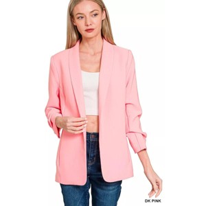 I am a Fashion Junky Zenana Woven 3/4 Ruched Sleeve Open Front Classic Blazer - 1 of 3