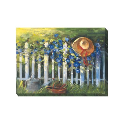 Cottage Garden West of The Wind Farmhouse Fence Green, Blue 40 x 30 Inch Waterproof Gallery Wrapped Canvas, Outdoor Garden, Yard, Patio All Weather