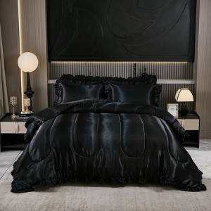 Satin Ruffle Comforter Set with Body Pillow Cover – 4-Piece Luxury Silk-Like Bedding, Soft Lightweight All-Season Quilt - 1 of 4