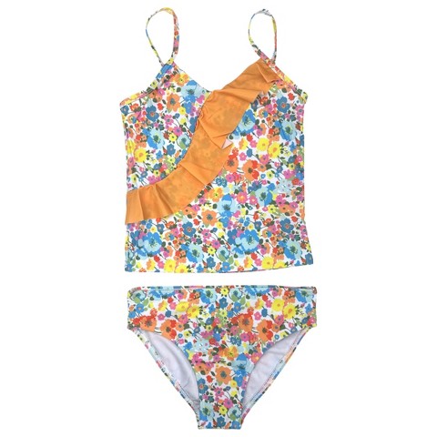 YMI Big Girls' 2-Piece Ditsy Floral Print Tankini Swimsuit Set, Warm Apricot, 10/12